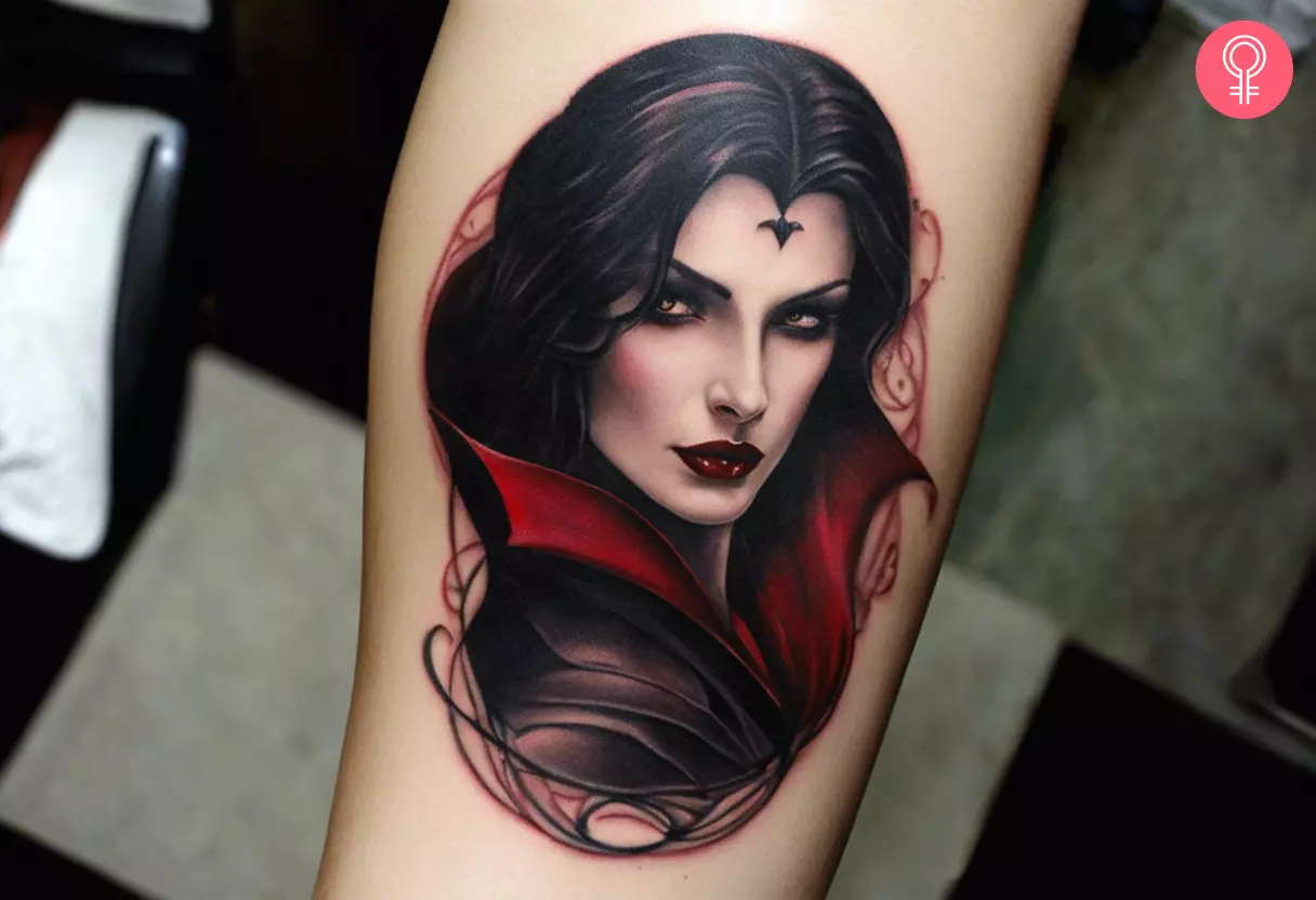 A goth vampire female tattoo on the forearm