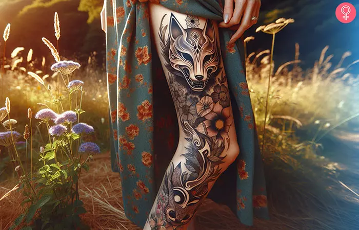 A kitsune mask tattoo on a woman’s leg