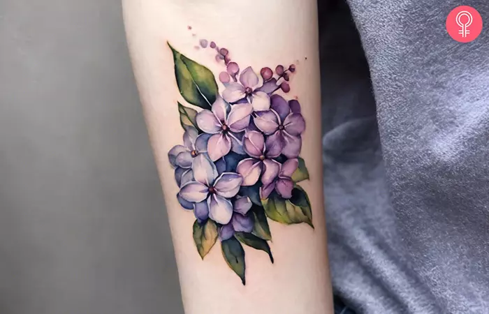 A lilac tattoo on the forearm