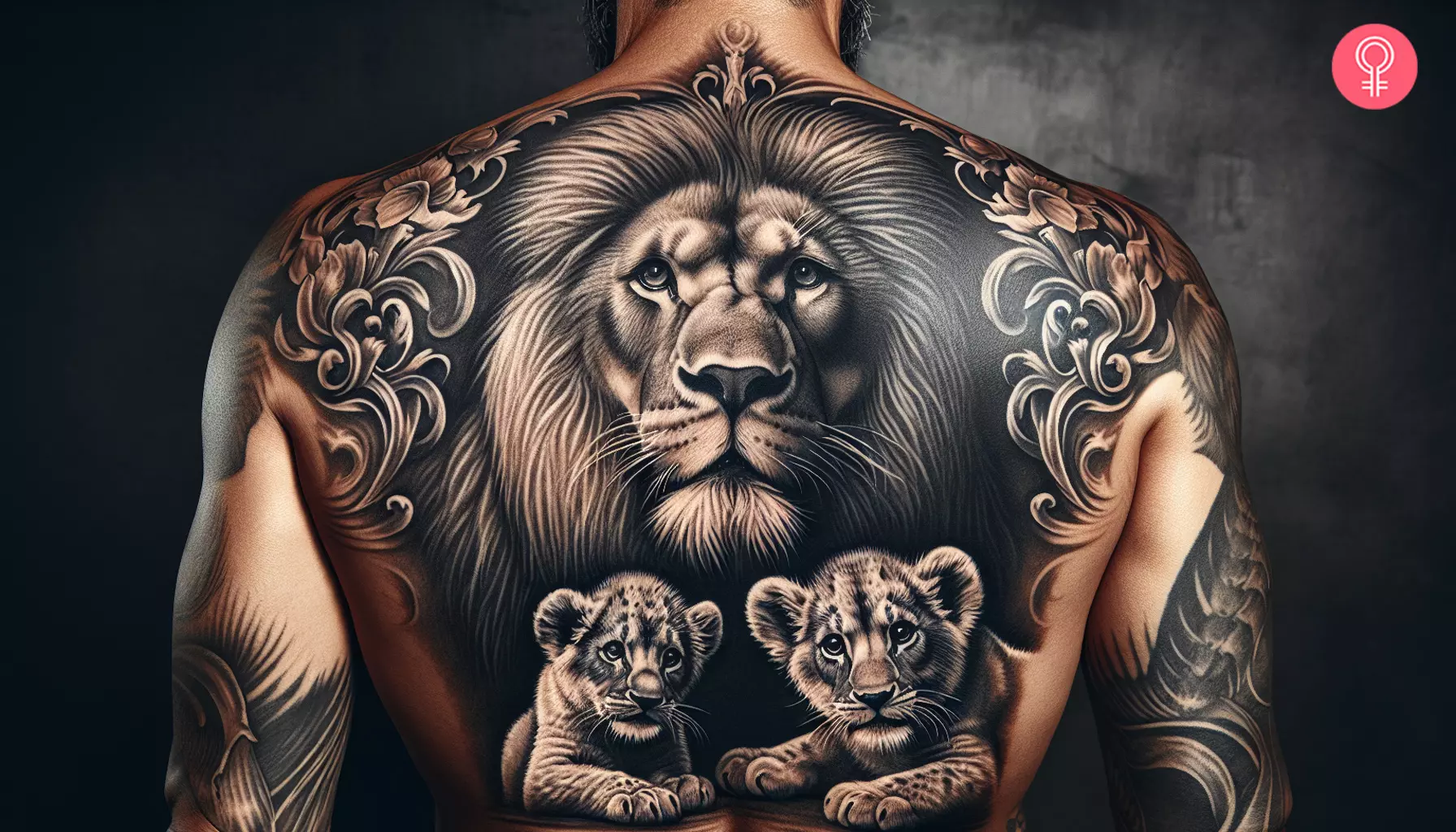 A lion and cubs tattoo on a man’s back