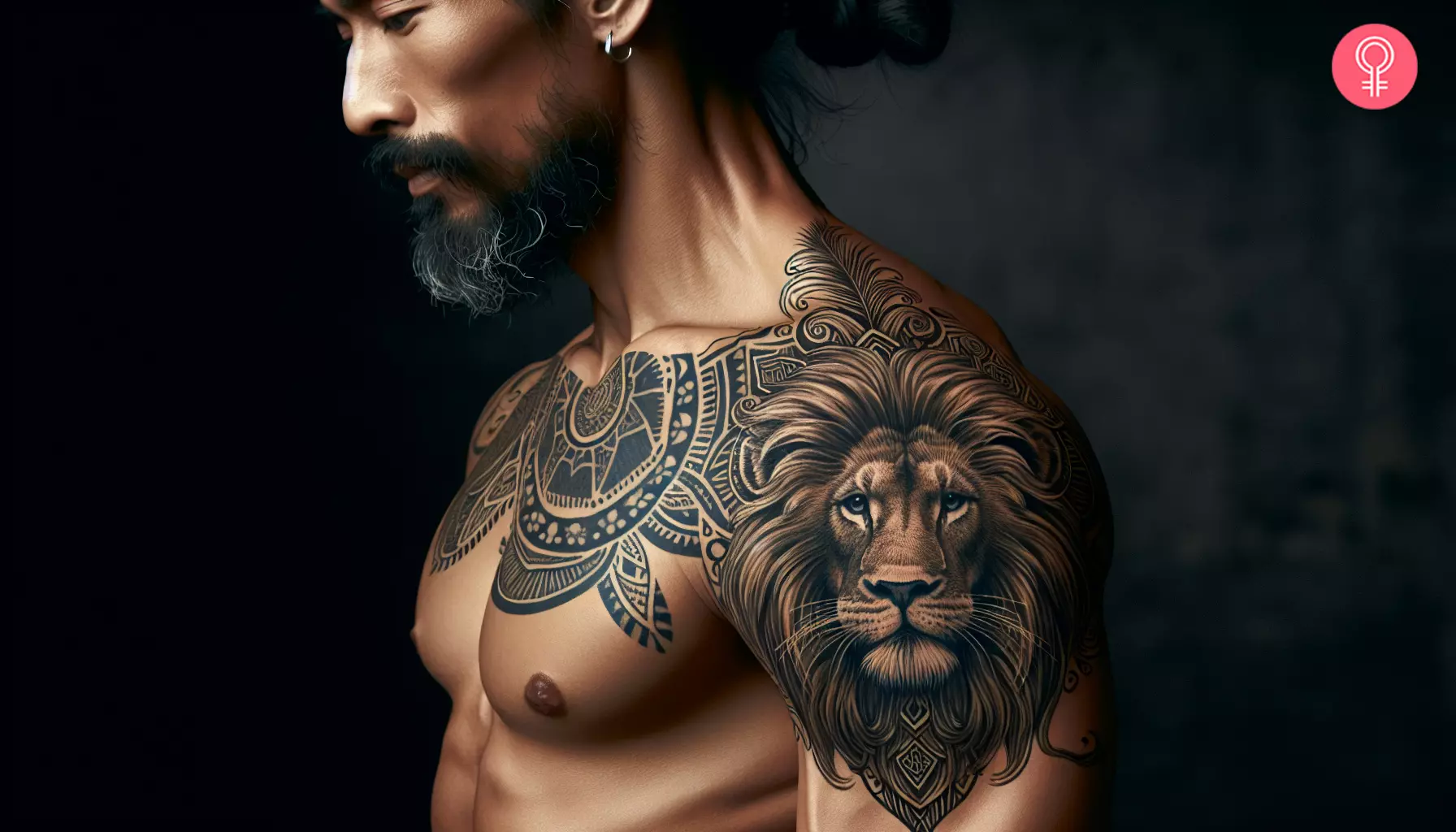 A lion tattoo on a man’s shoulder