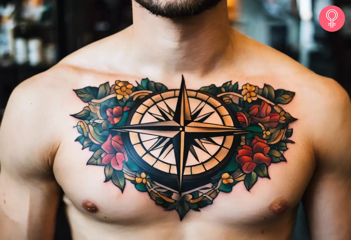 A man showcasing a compass chest tattoo