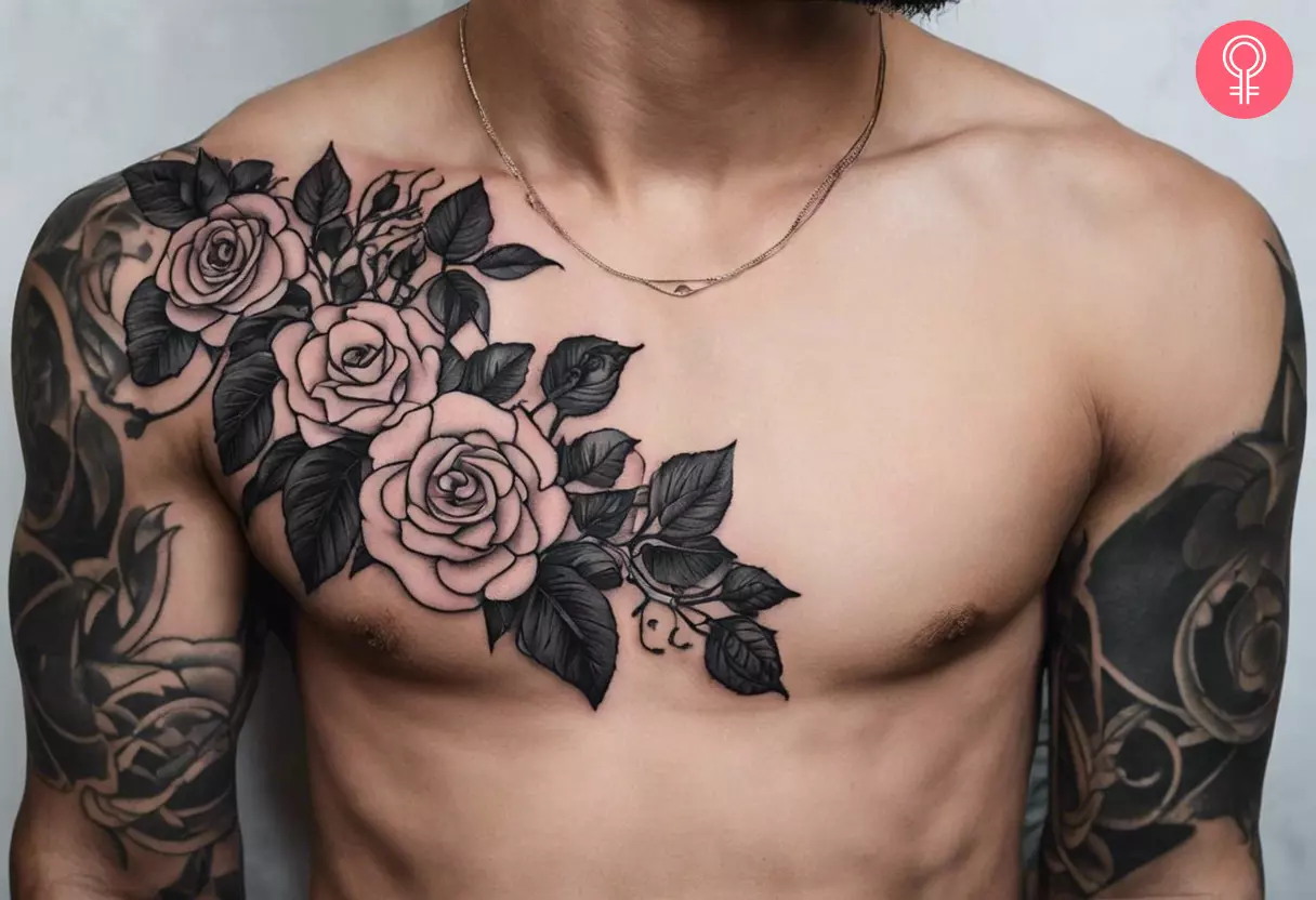 A man showcasing a half-chest rose vine tattoo