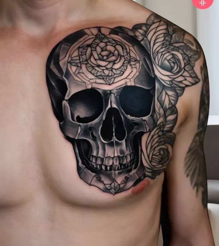 A man showcasing a skull tattoo on his chest