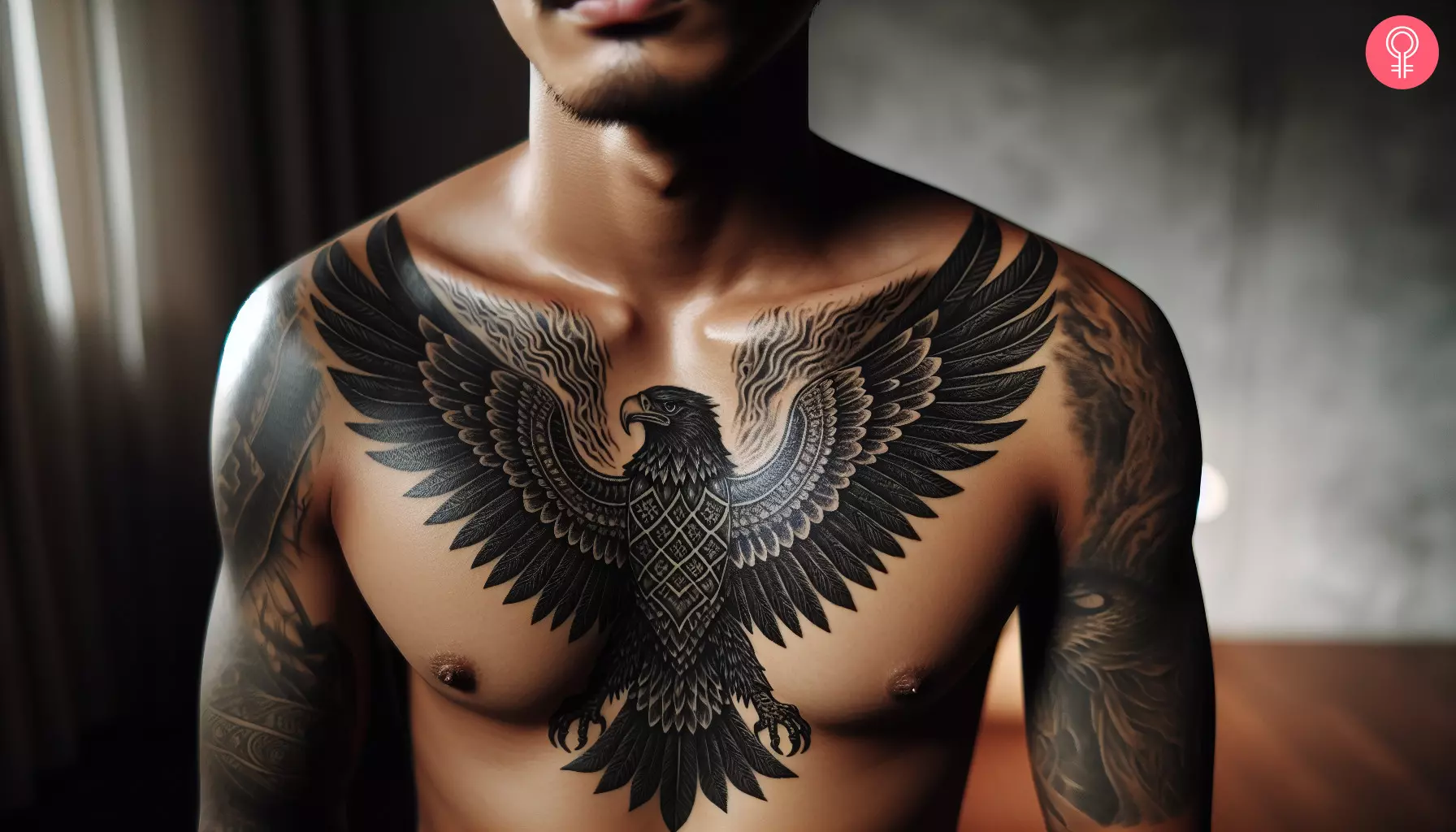 A man showcasing an eagle chest tattoo