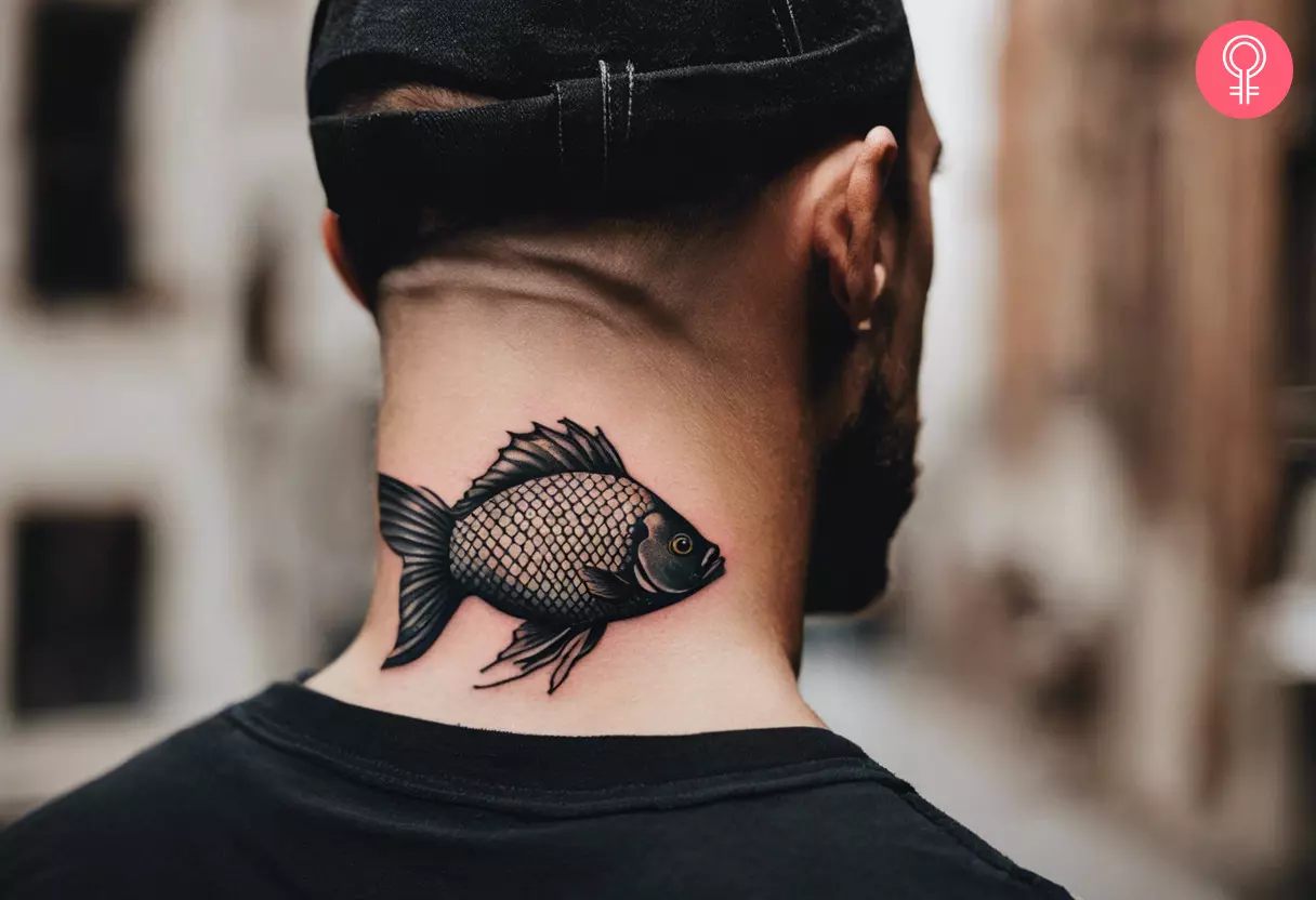 A man with a fish tattoo on his nape