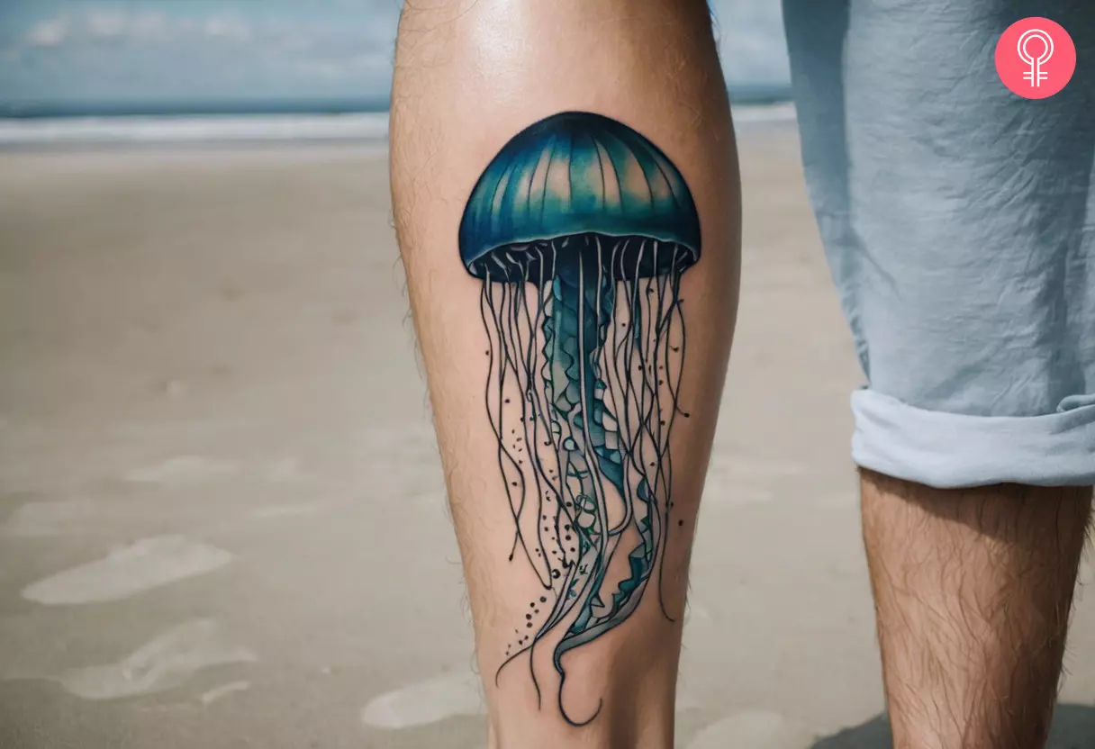 A man with a jellyfish tattoo on the calf