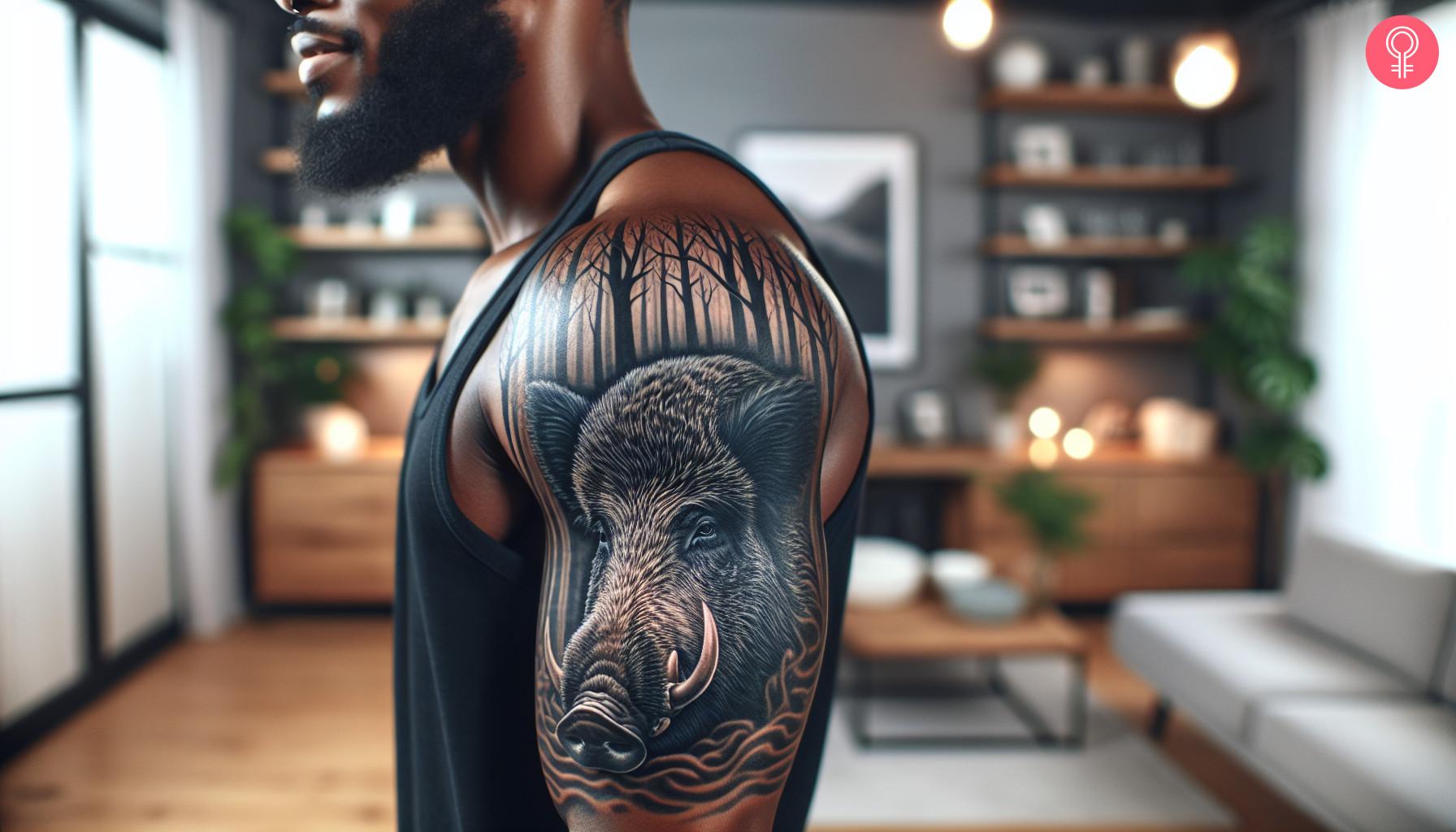 8 Unique Boar Tattoo Ideas For Men And Women 4 A man with a realistic wild boar tattoo