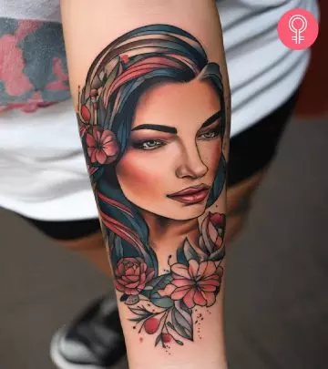 A woman with a baseball tattoo