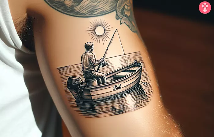 A miniature tattoo of a man on a boat fishing and a name tattooed on the boat