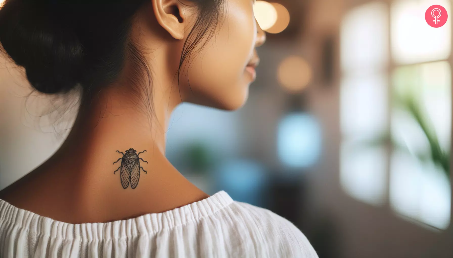 A minimalist cicada tattoo on the neck