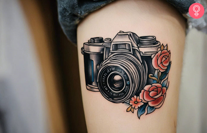 A professional camera tattoo on the arm