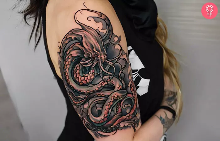 A realistic Kraken tattoo on the upper arm