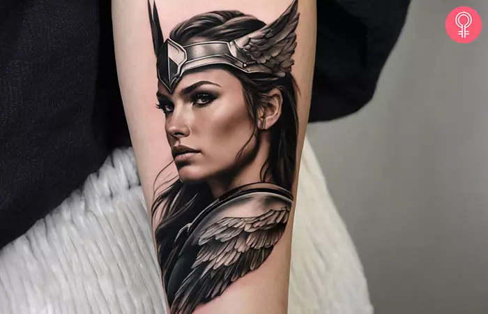A realistic Valkyrie tattoo on the arm