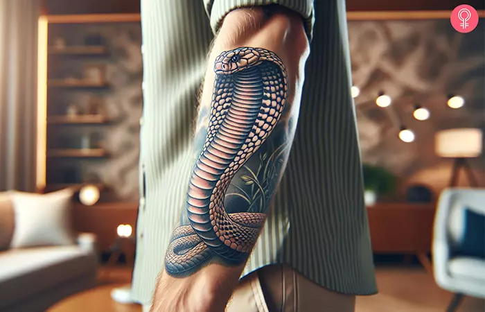 A realistic king cobra tattoo on the forearm