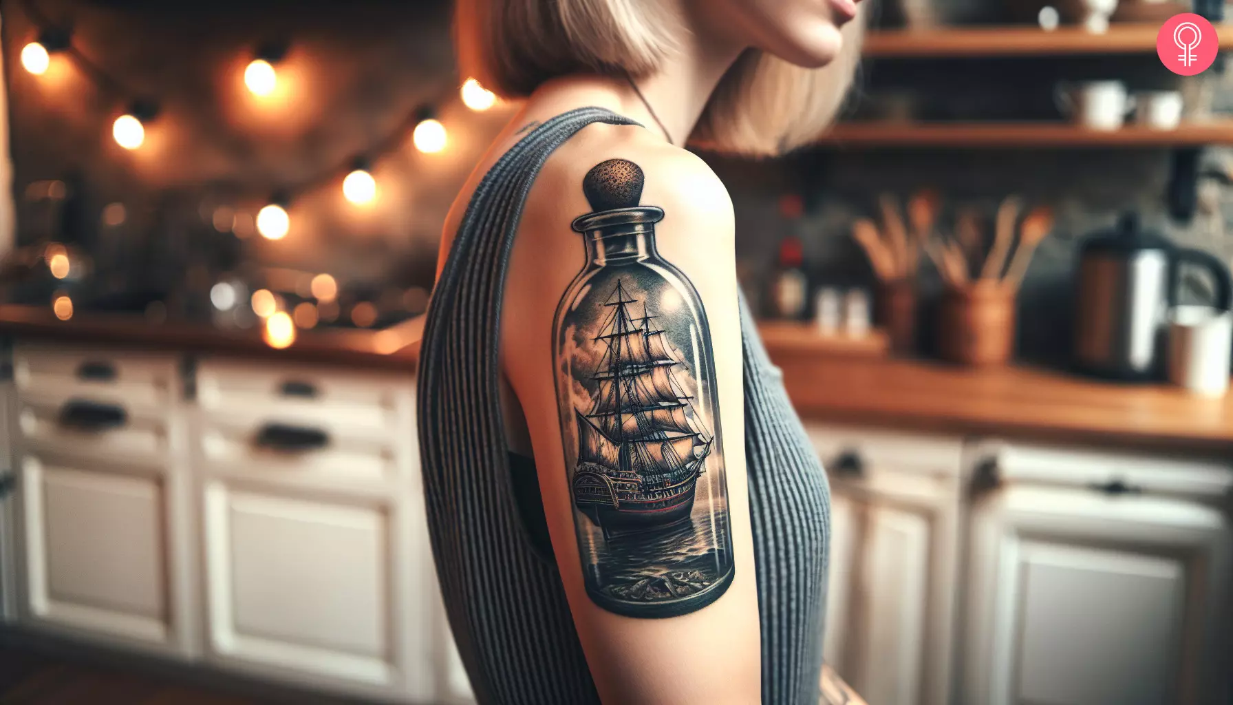 A ship in a bottle tattoo on the upper arm