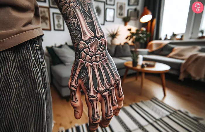 A skeleton tattoo on the hand