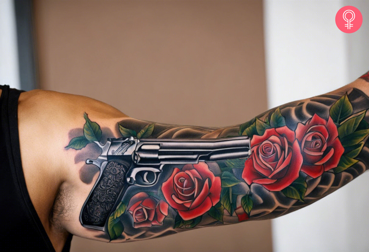 A sleeve tattoo with guns and roses
