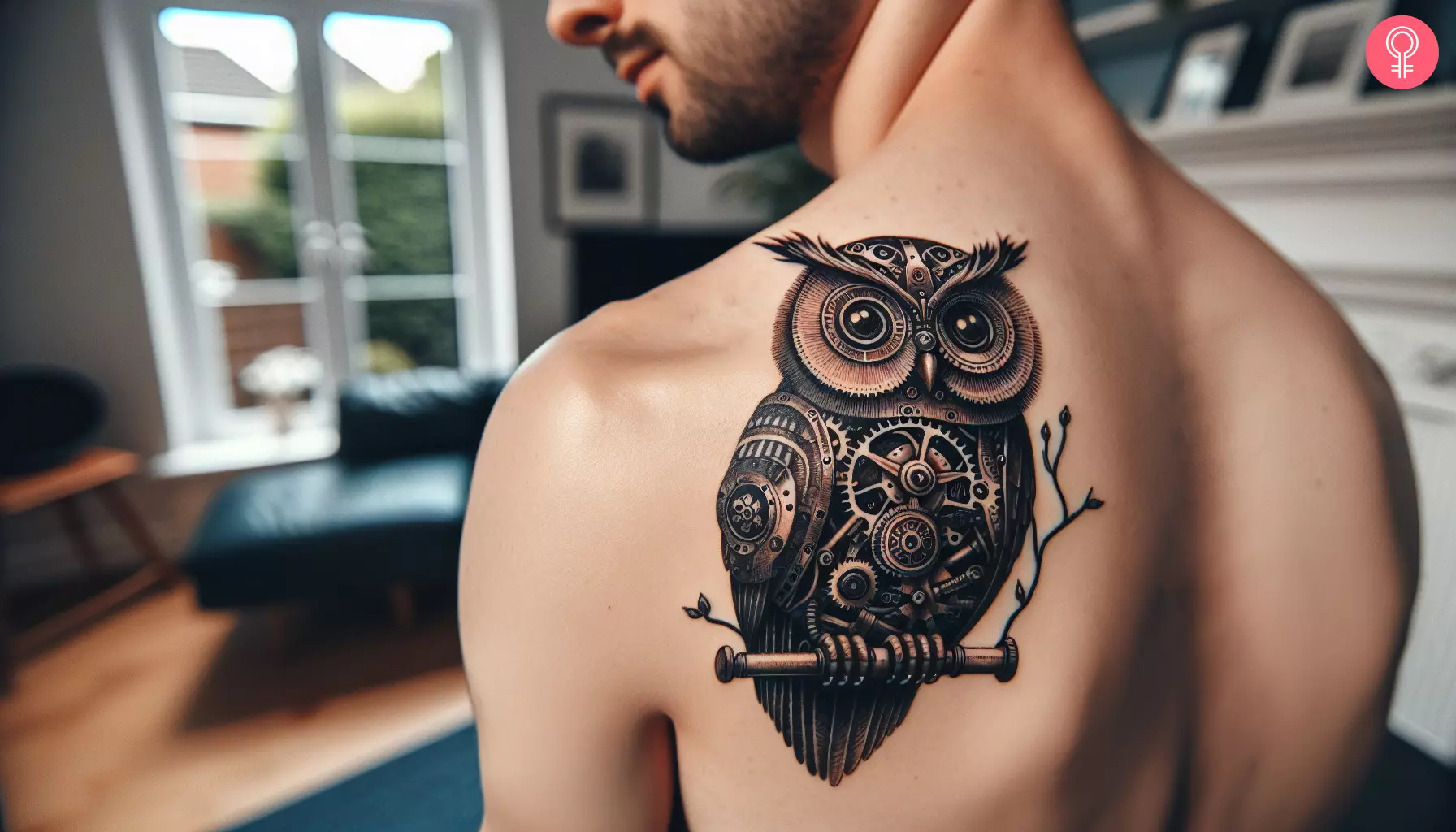 A steampunk owl tattoo on the back