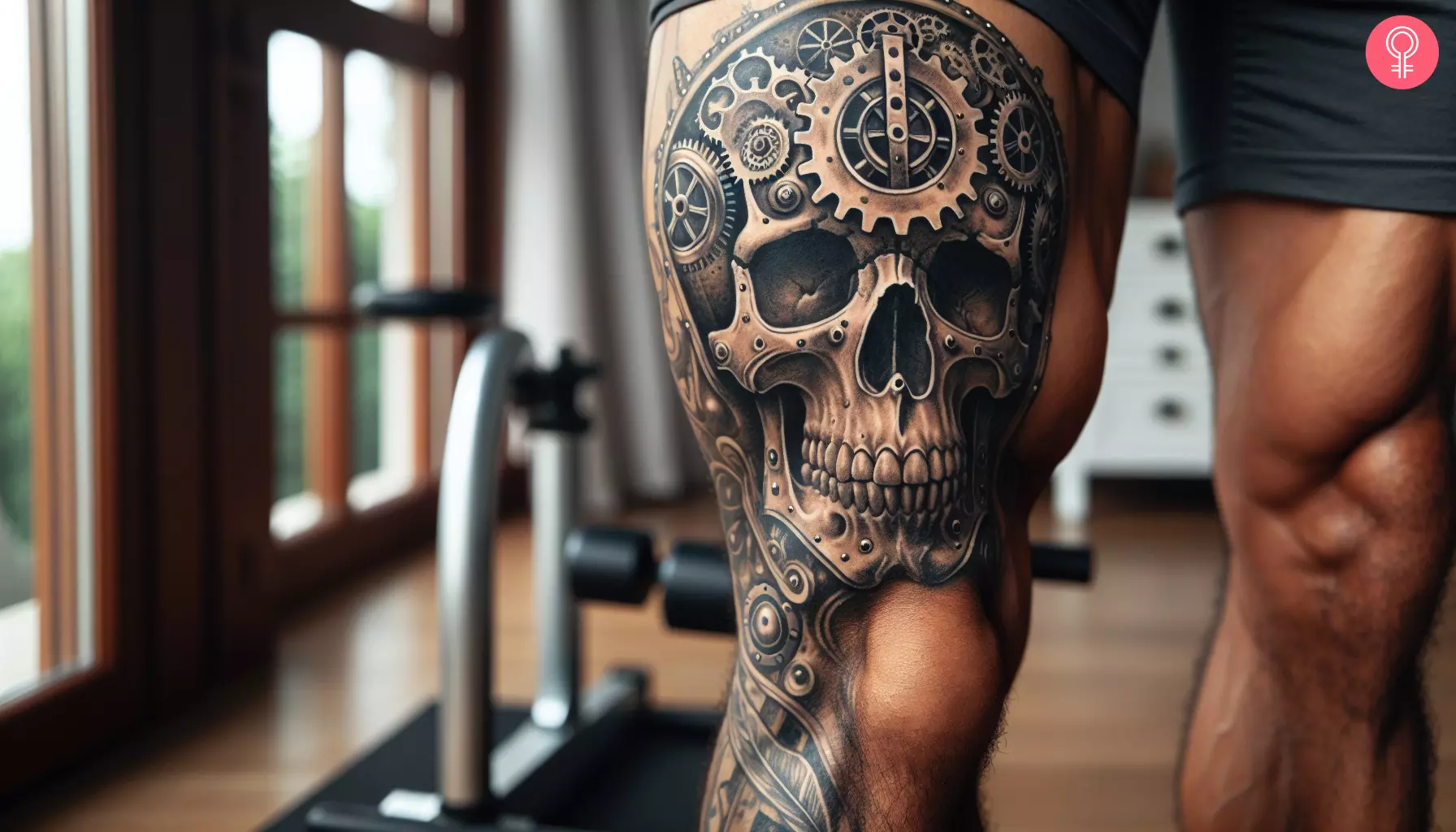 A steampunk skull tattoo on the thigh