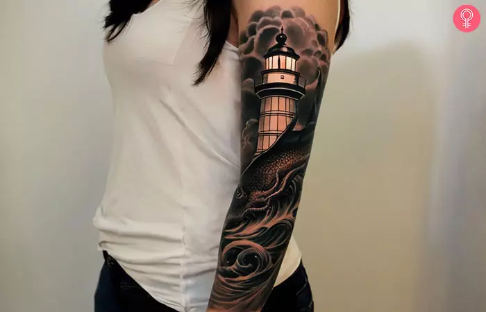 A stormy sea, Kraken, and lighthouse tattoo sleeve