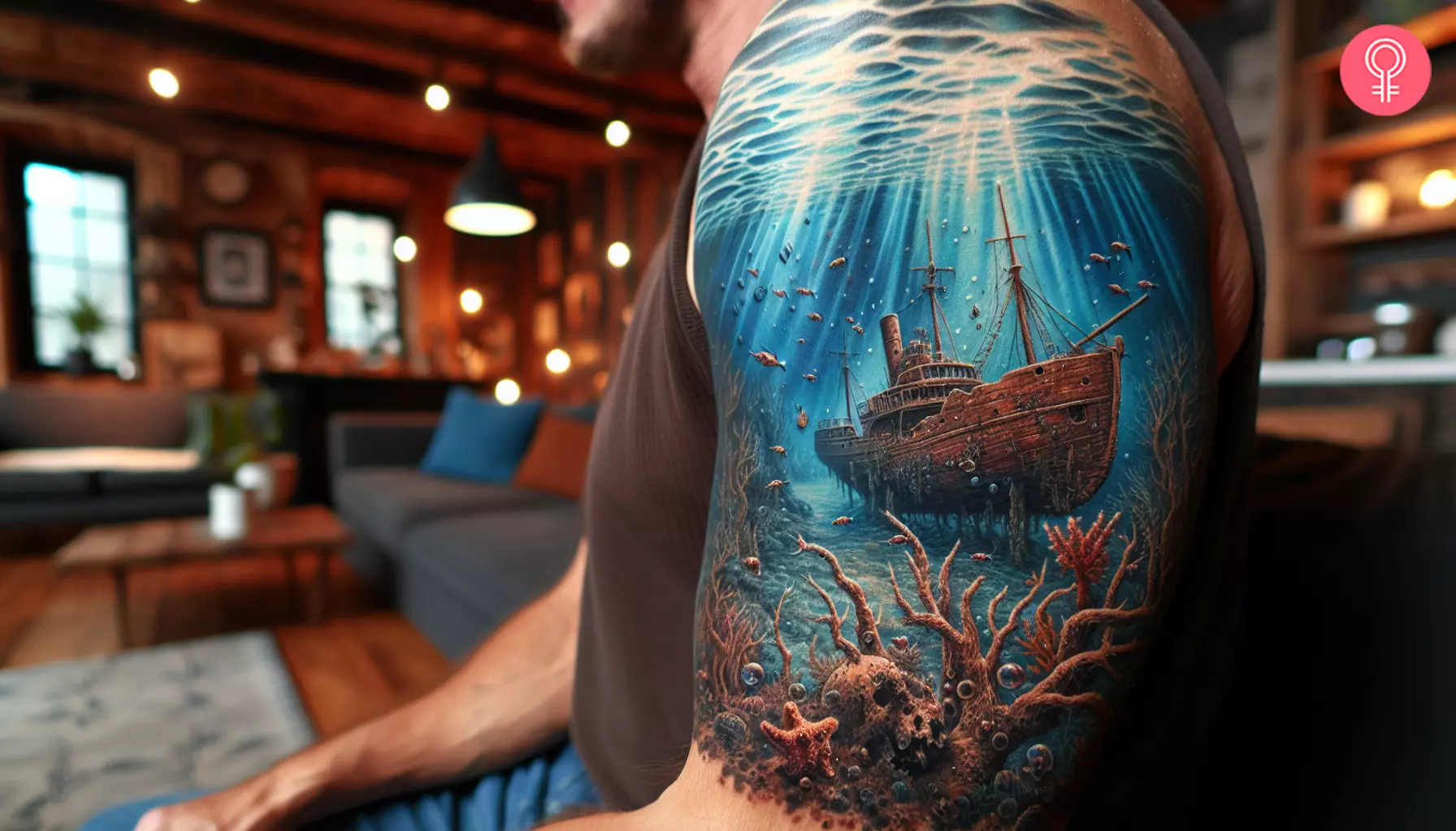 A sunken ship tattoo on the upper arm