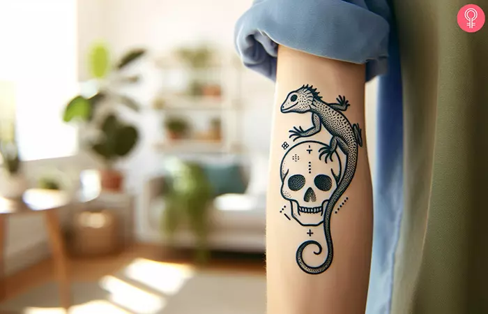 A tattoo featuring a lizard over a skull
