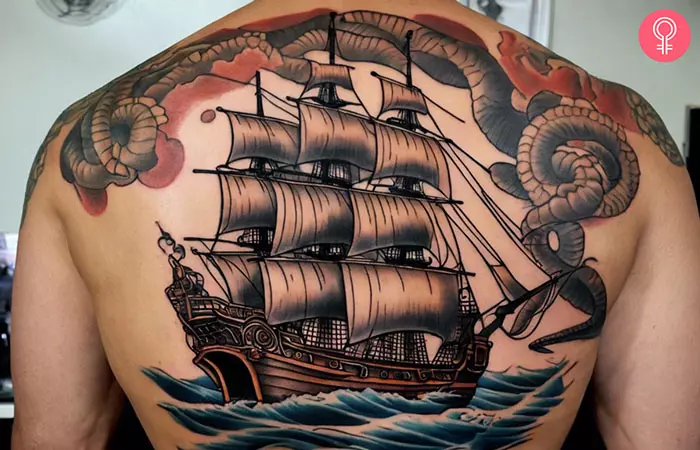 A tattoo of Kraken tentacles surrounding a pirate ship