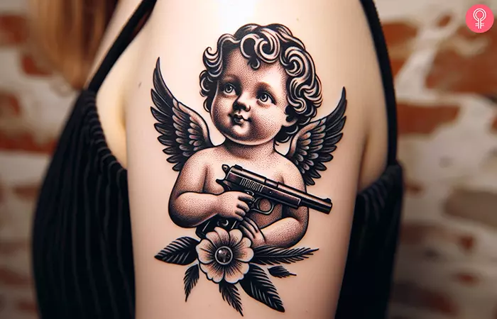 A tattoo of a cherub angel with a gun