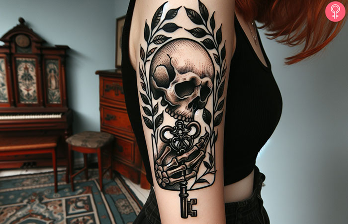 A tattoo of a skeleton and key on the arm