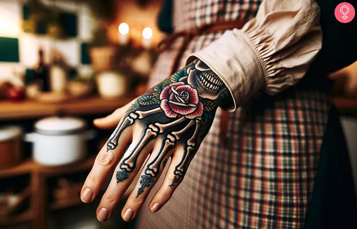A tattoo of a skeleton and rose on the hand