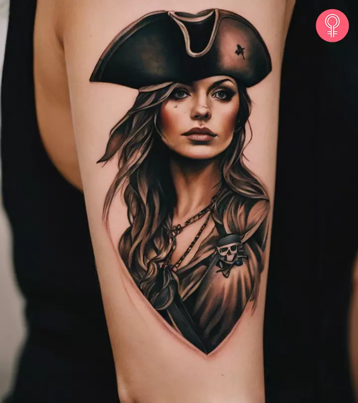 A tattoo of a woman pirate with little scars