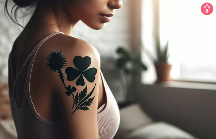 A thistle and shamrock tattoo on the upper arm