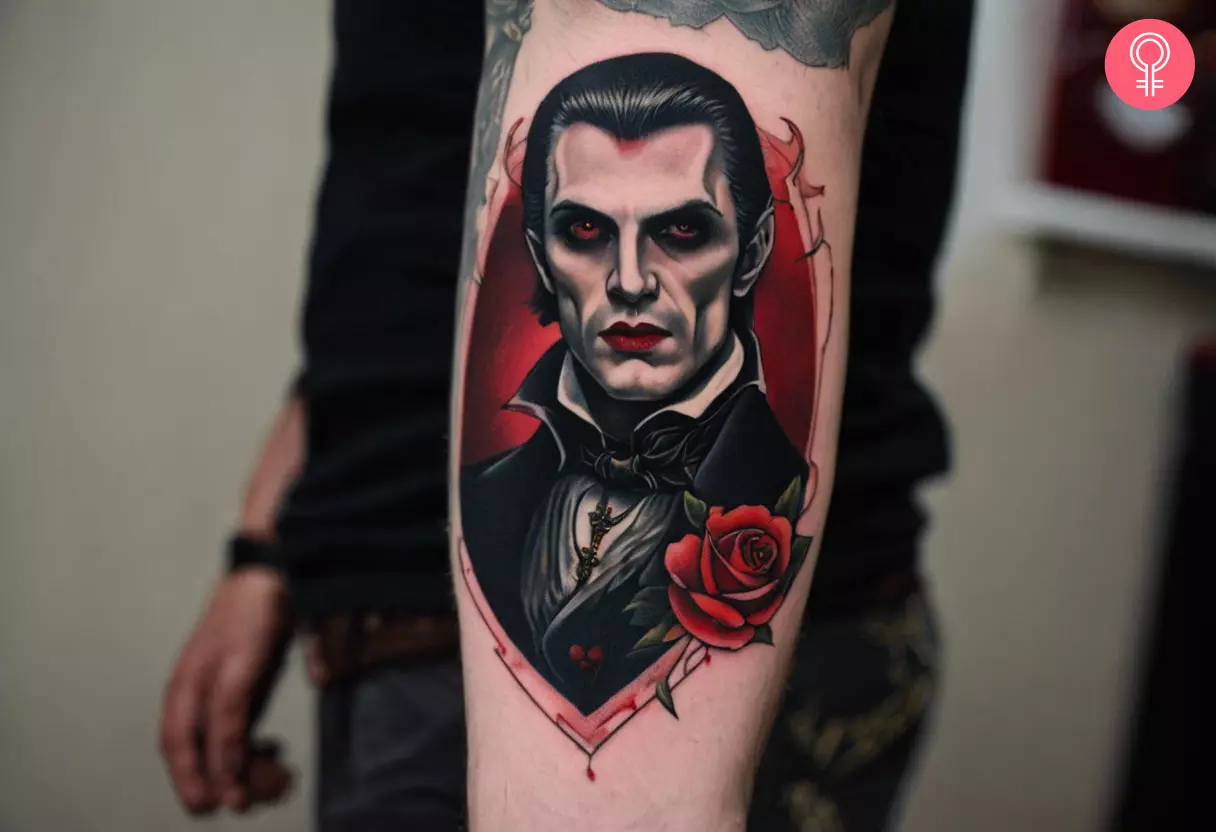A traditional Dracula tattoo on the forearm