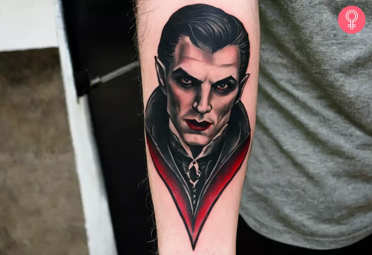 A traditional Dracula tattoo on the forearm