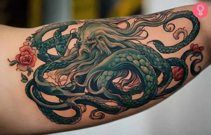 A traditional Kraken tattoo on the arm
