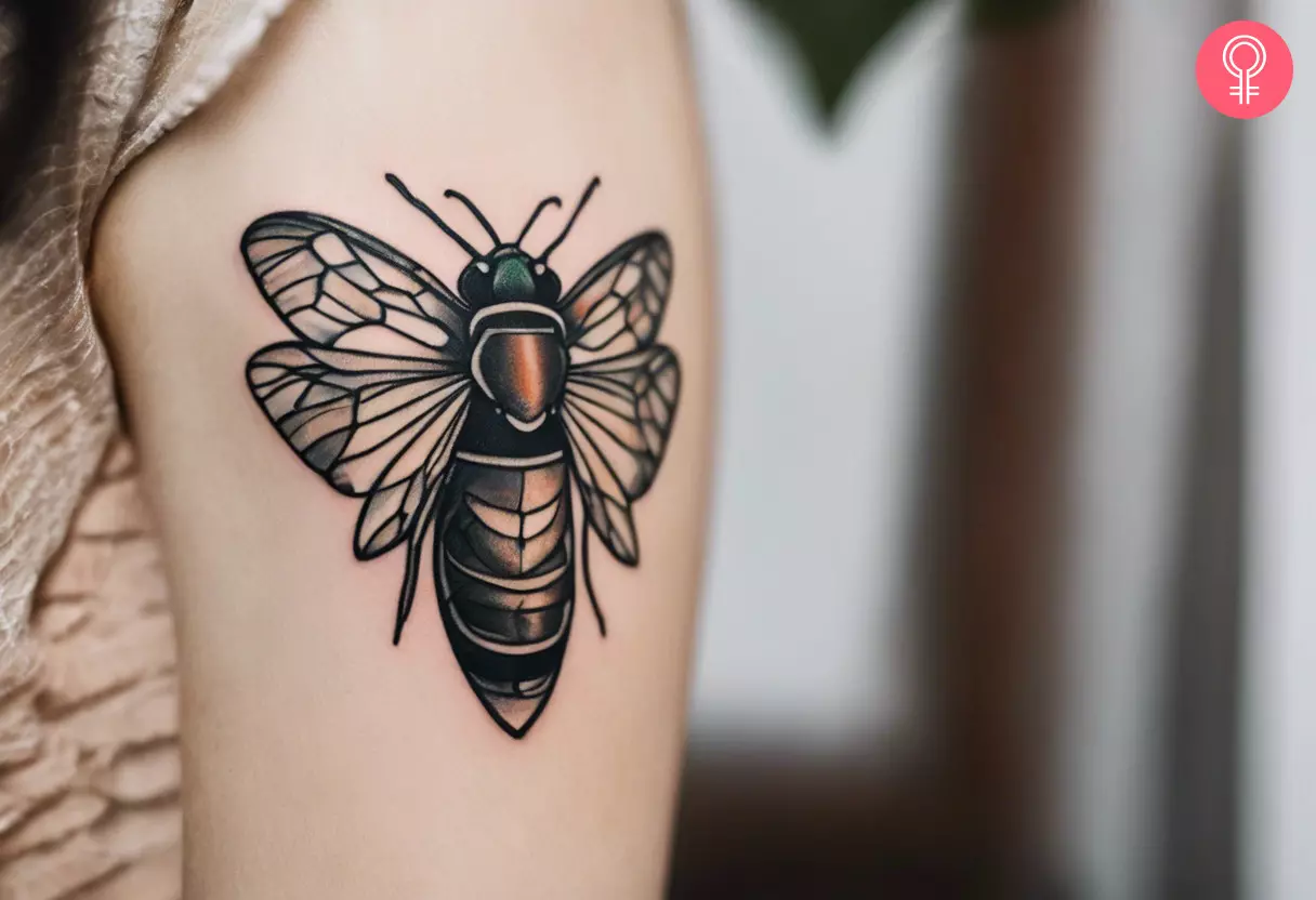 A traditional cicada tattoo on the upper arm of a woman