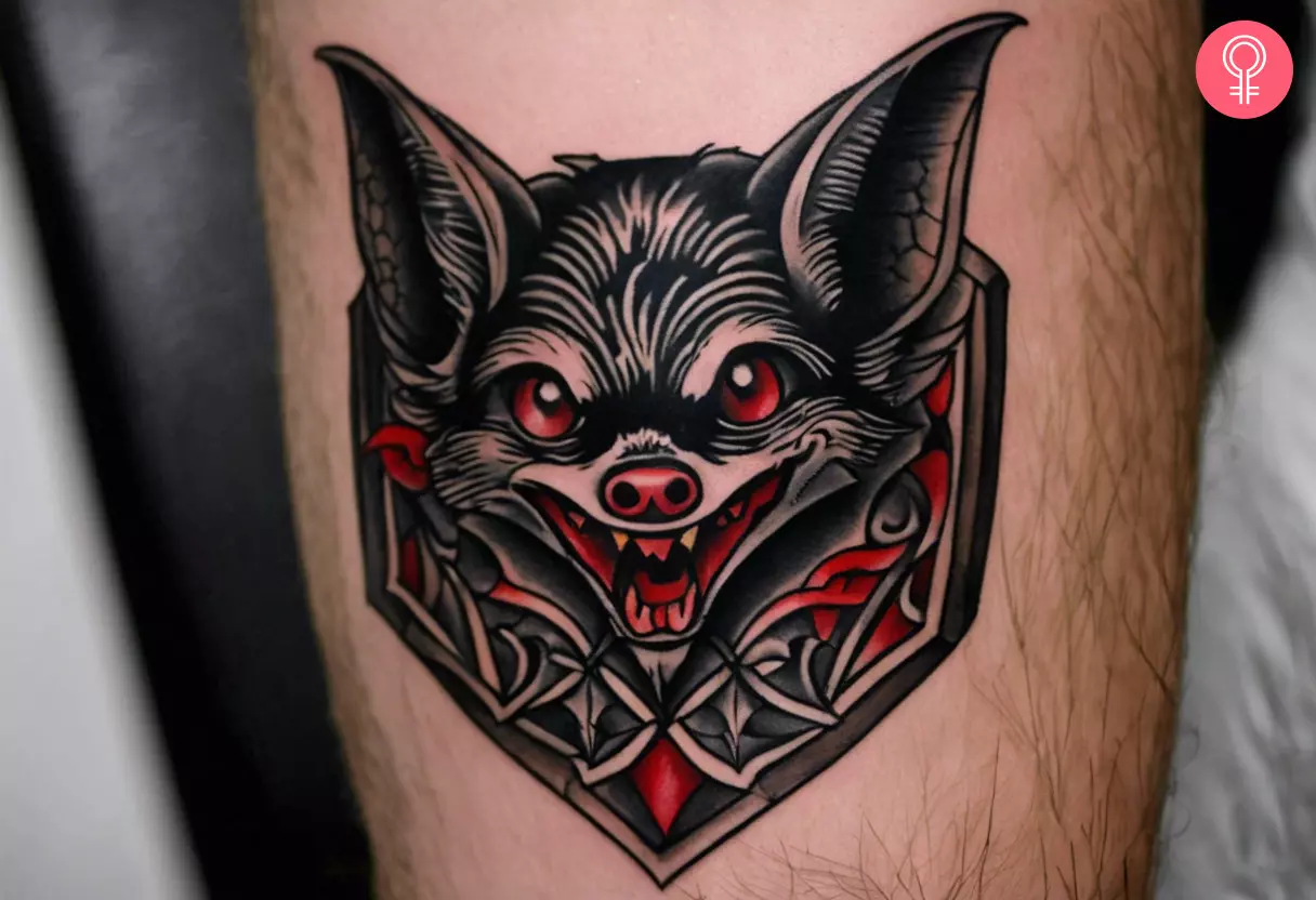 A traditional vampire bat inked on the forearm