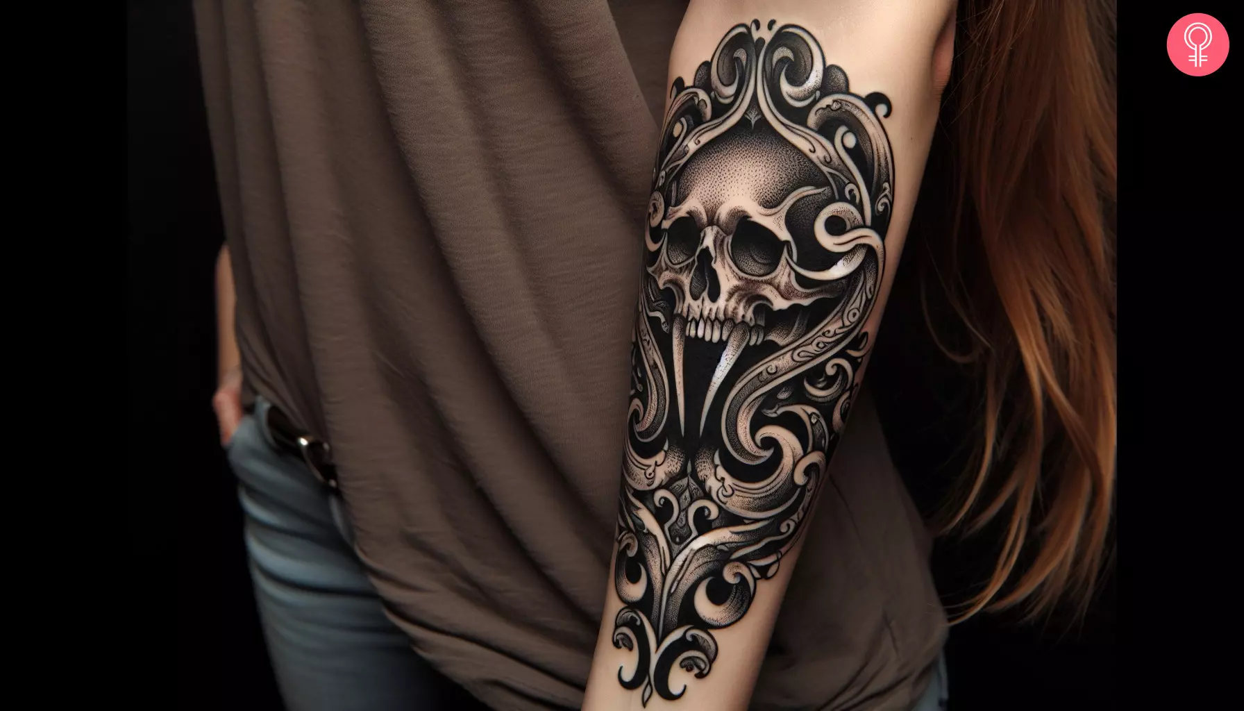 A vampire skull tattoo inked on the forearm