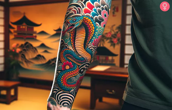 A vibrant Japanese king cobra tattoo half sleeve