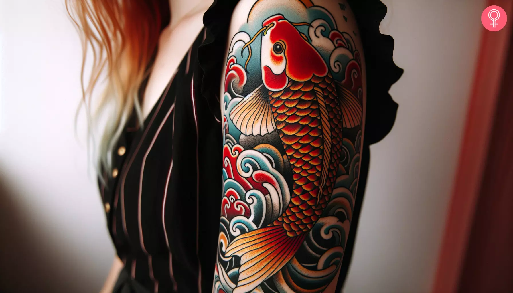 A woman sporting a Chinese fish tattoo on her upper arm