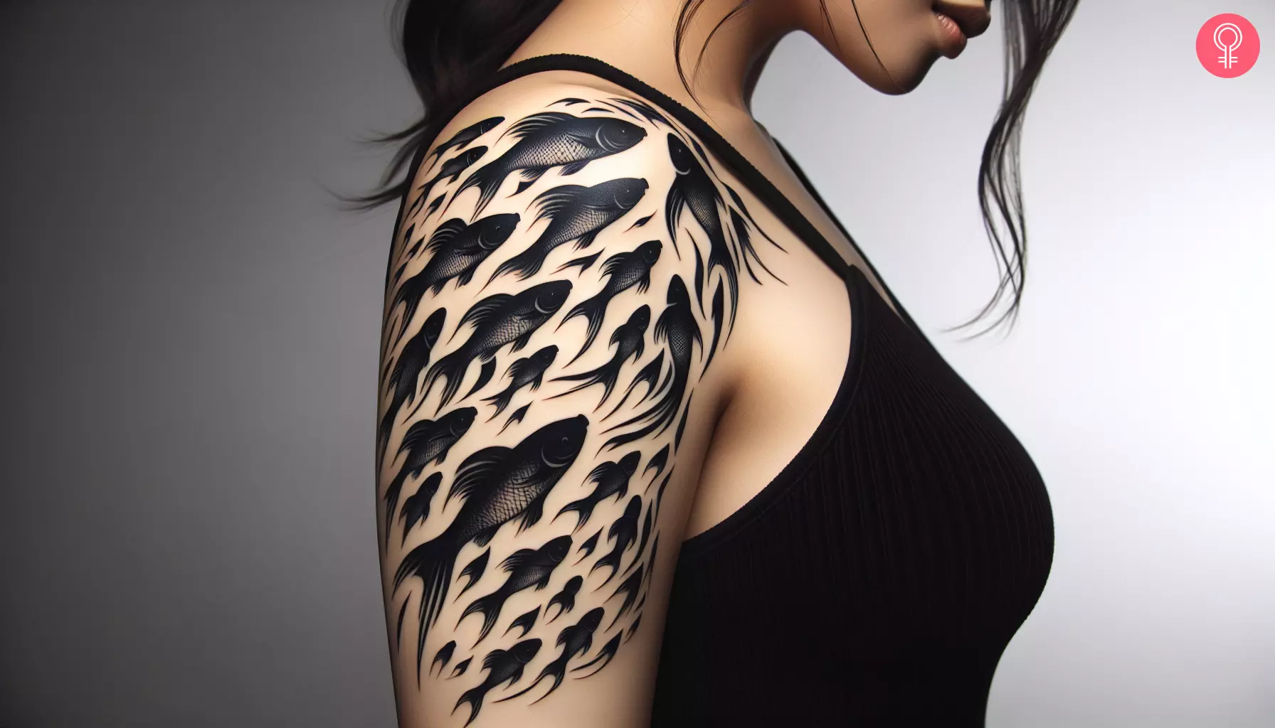 A woman sporting a school of fish tattoo on her upper arm