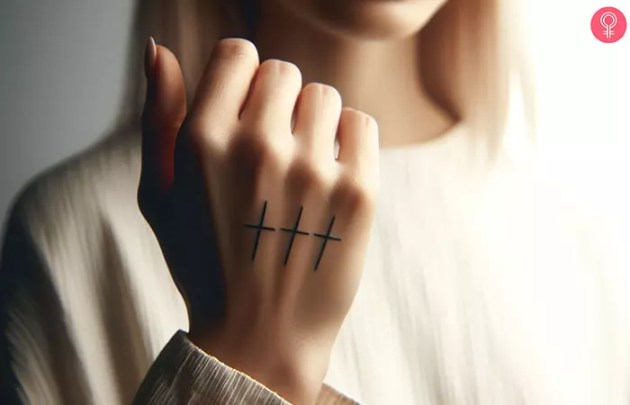 A woman with a 3-cross tattoo on her hand