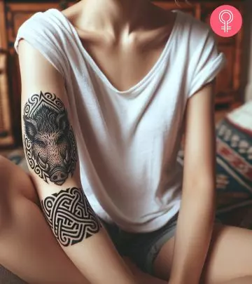 A woman with a Chinese flower tattoo on her upper arm