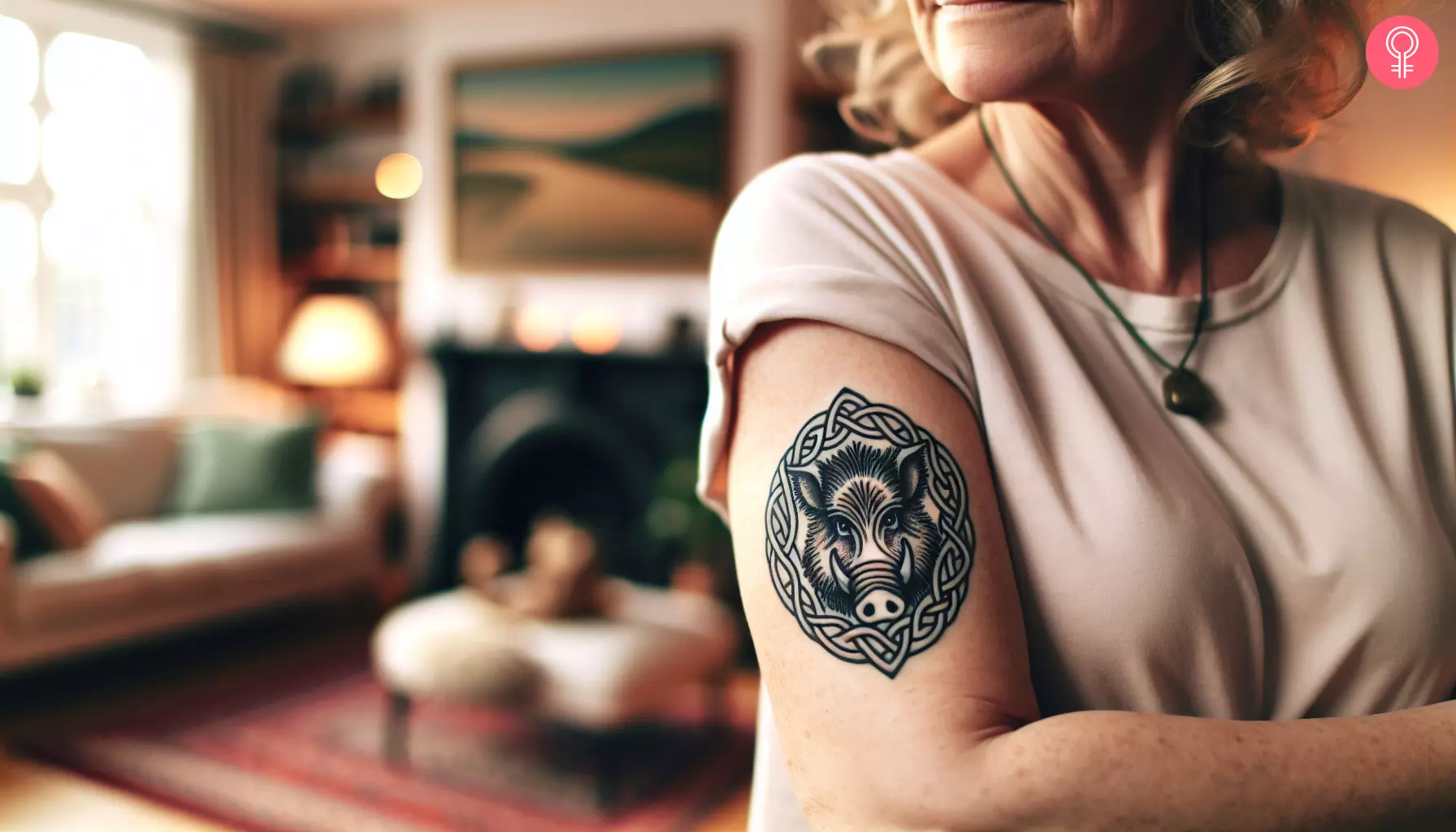 A woman with a Celtic boar tattoo on her upper arm