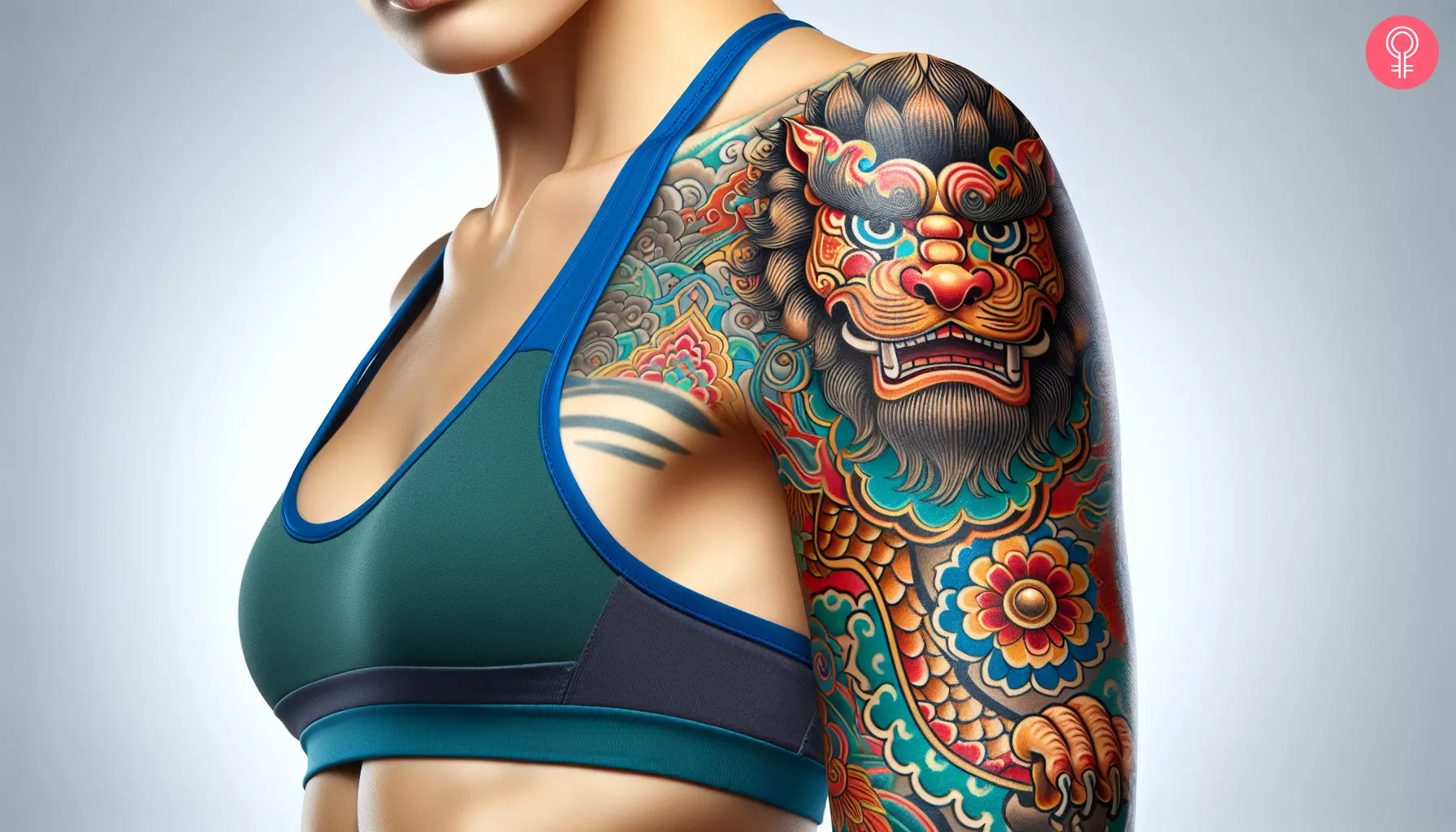 A woman with a Chinese lion tattoo on her arm