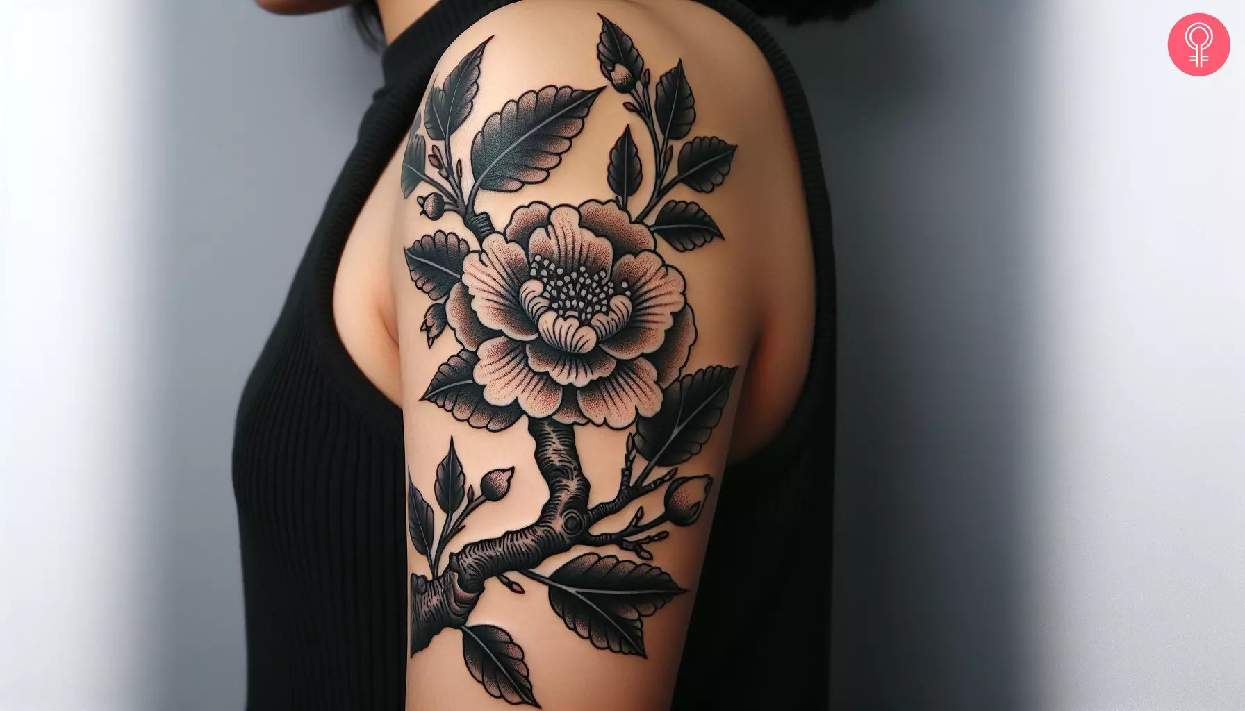 A woman with a black Chinese flower tattoo on her upper arm