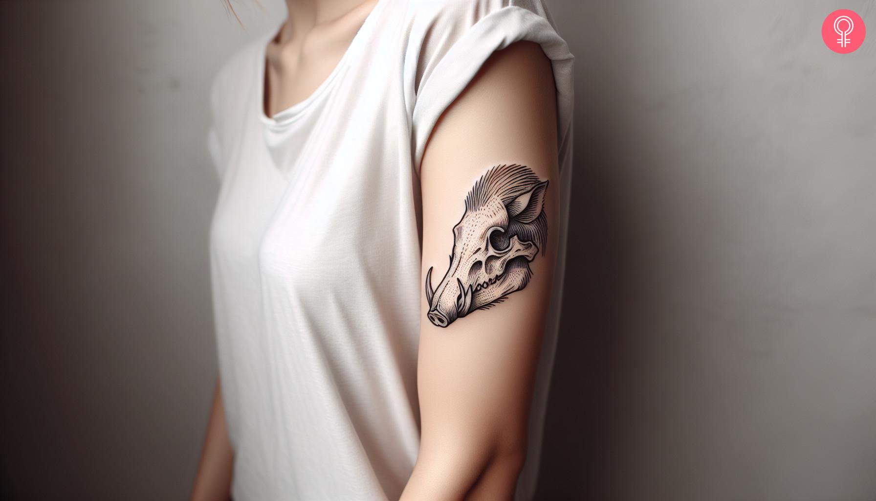 8 Unique Boar Tattoo Ideas For Men And Women 8 A woman with a boar skull tattoo on the upper arm