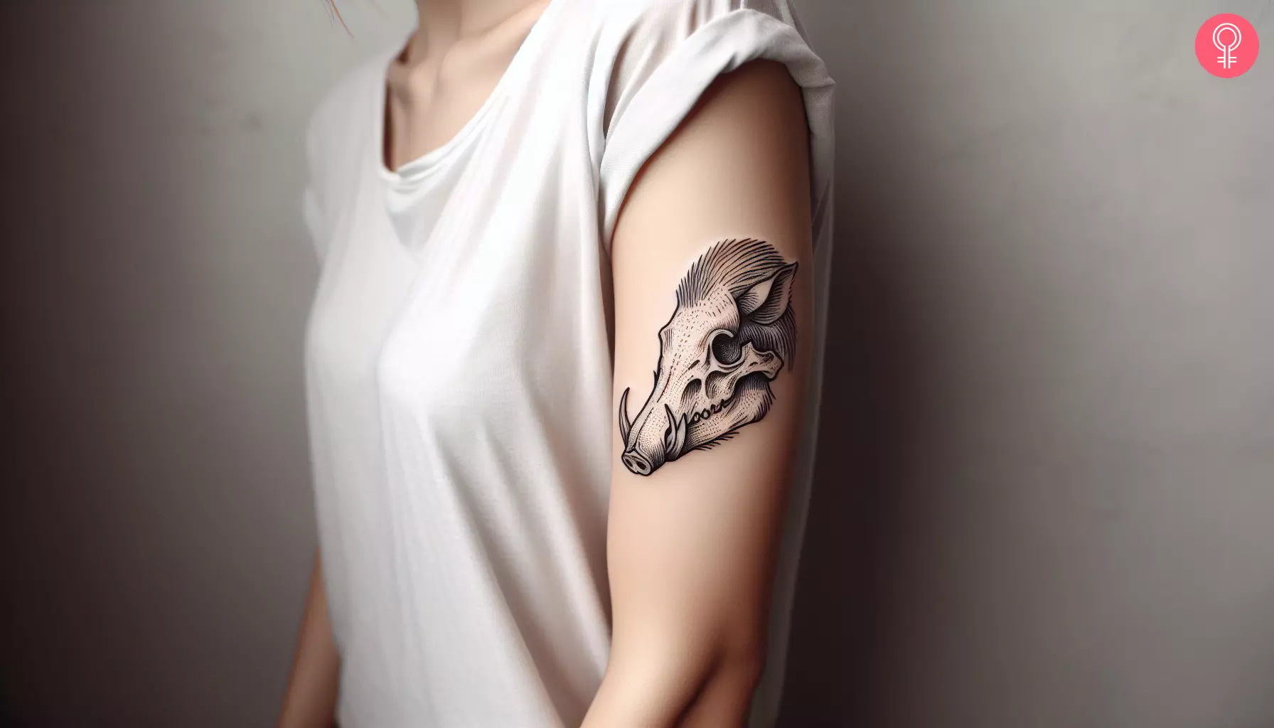 A woman with a boar skull tattoo on the upper arm