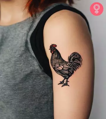 A woman with a Libra tattoo on her upper arm